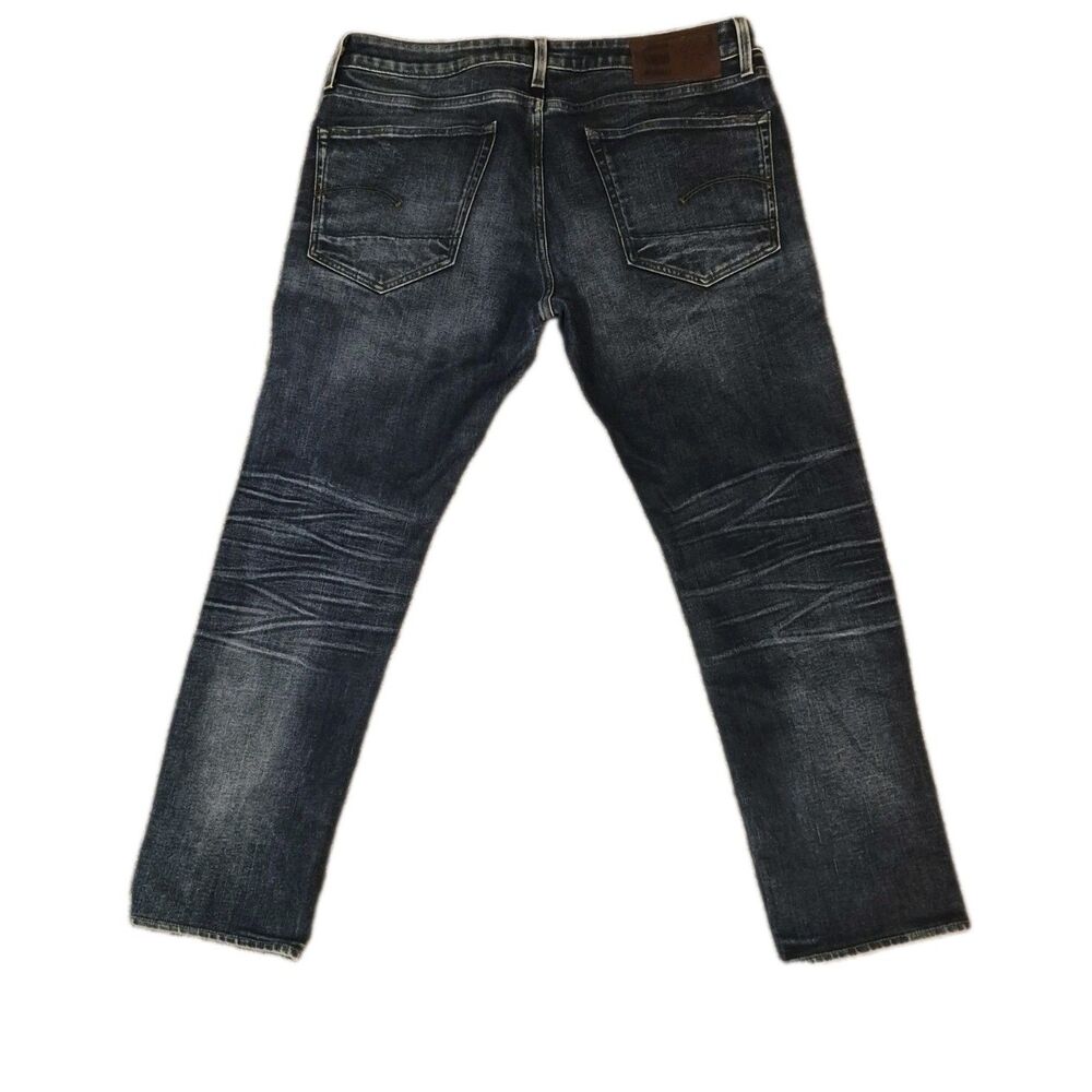 G Star Raw Jeans 36x30 Blue 3301 Straight Zip Pocket Whiskered Faded Baggy